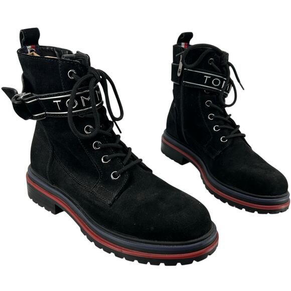 NWOB Womens Black Leather Tommy Hilfiger Buckle Platform Combat Ankle Boots 8.5M - Picture 1 of 8